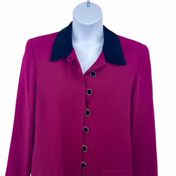 VINTAGE CHAUS WINE BURGUNDY LONG VELVET COLLAR & MULTI BUTTON BLAZER JACKET - 14 - Picture 2 of 5